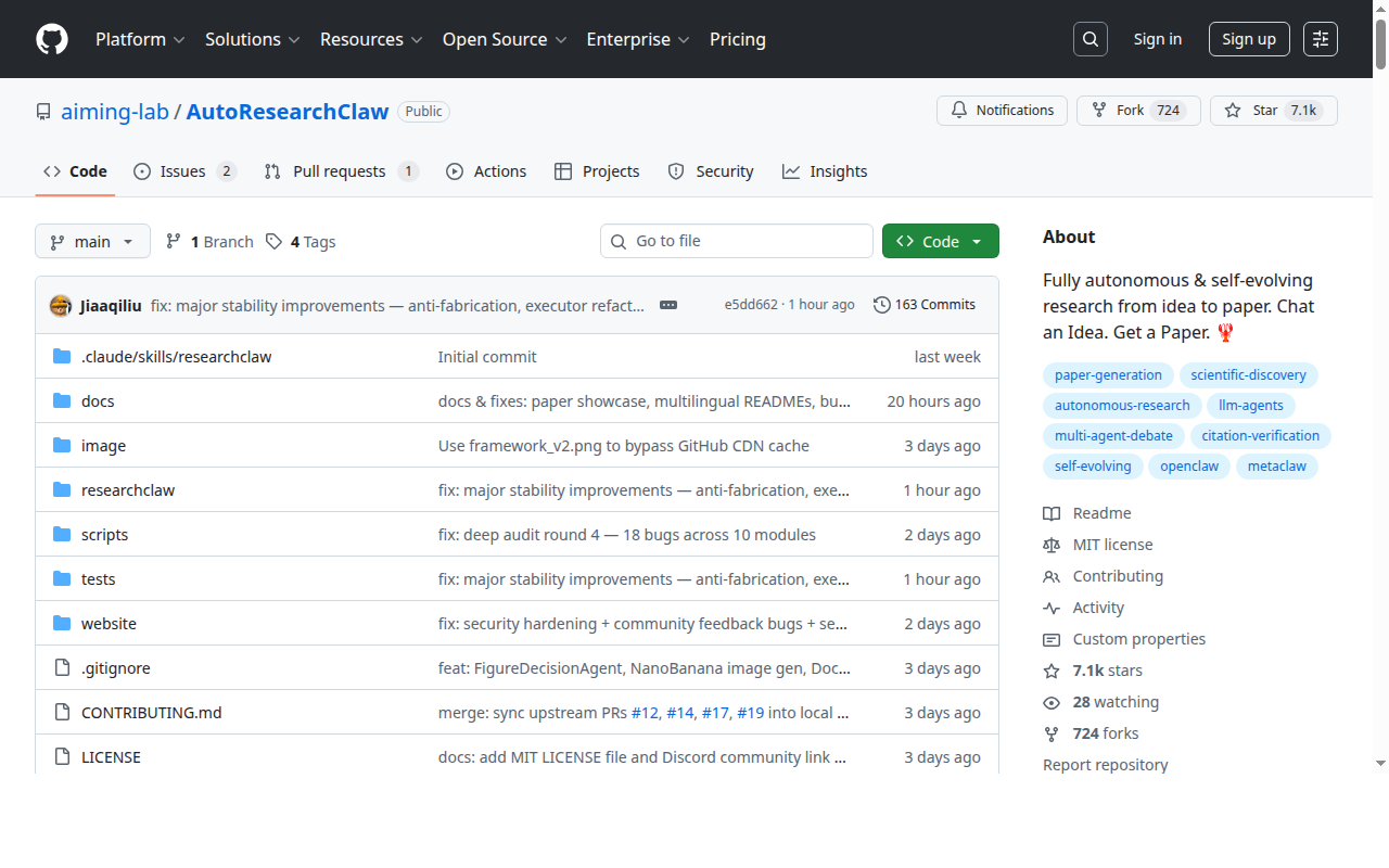 AutoResearchClaw Prebuilt Agents tool screenshot — openclaw.ai