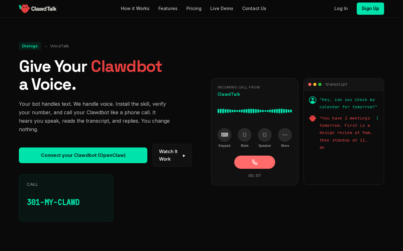 ClawdTalk — Voice tool screenshot