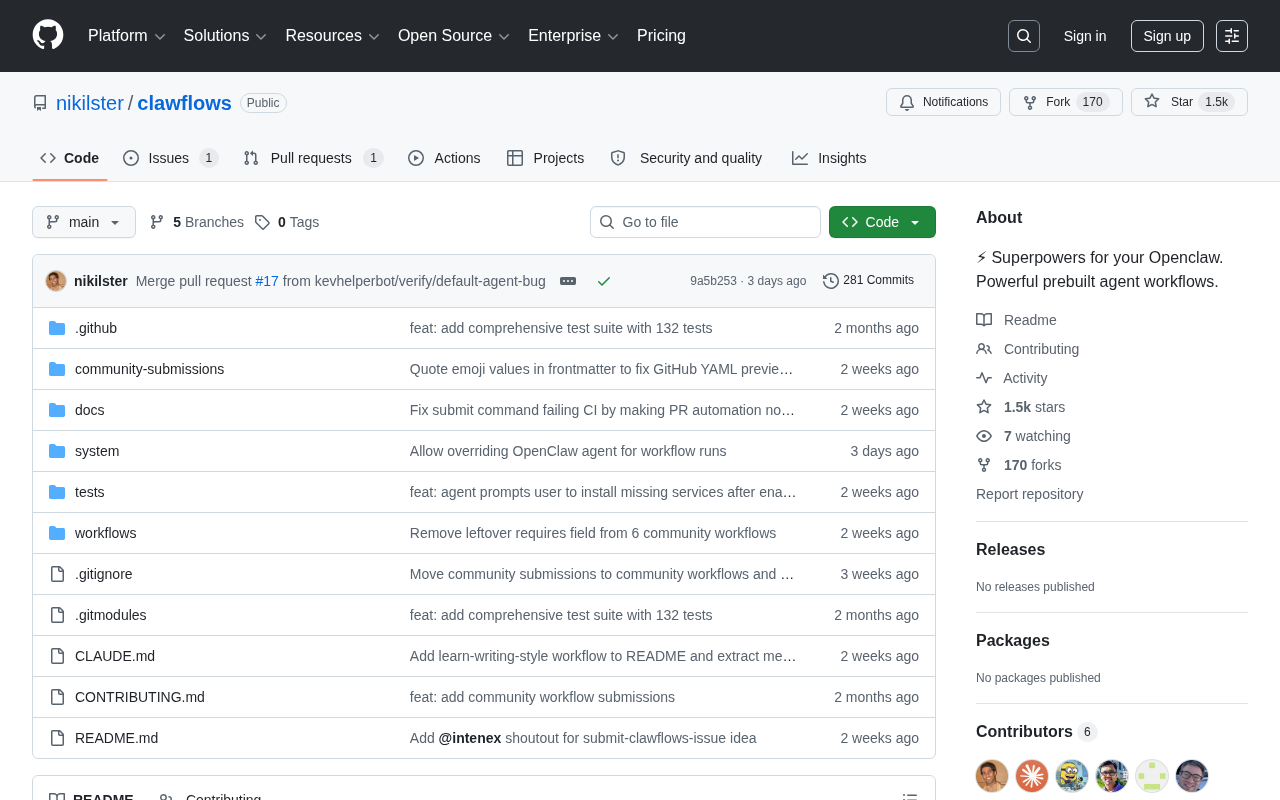 ClawFlows (GitHub) — Prebuilt Agents tool screenshot