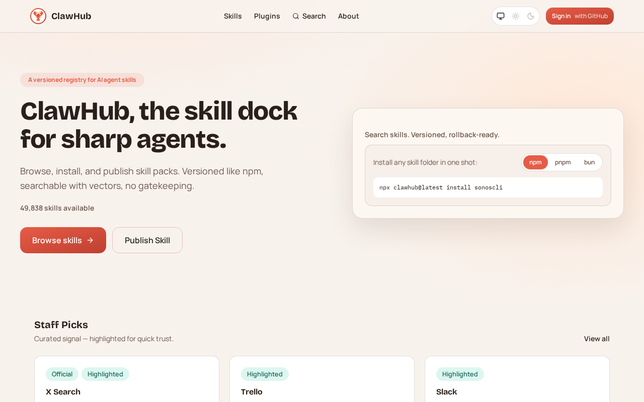ClawHub — Skills Registry tool screenshot