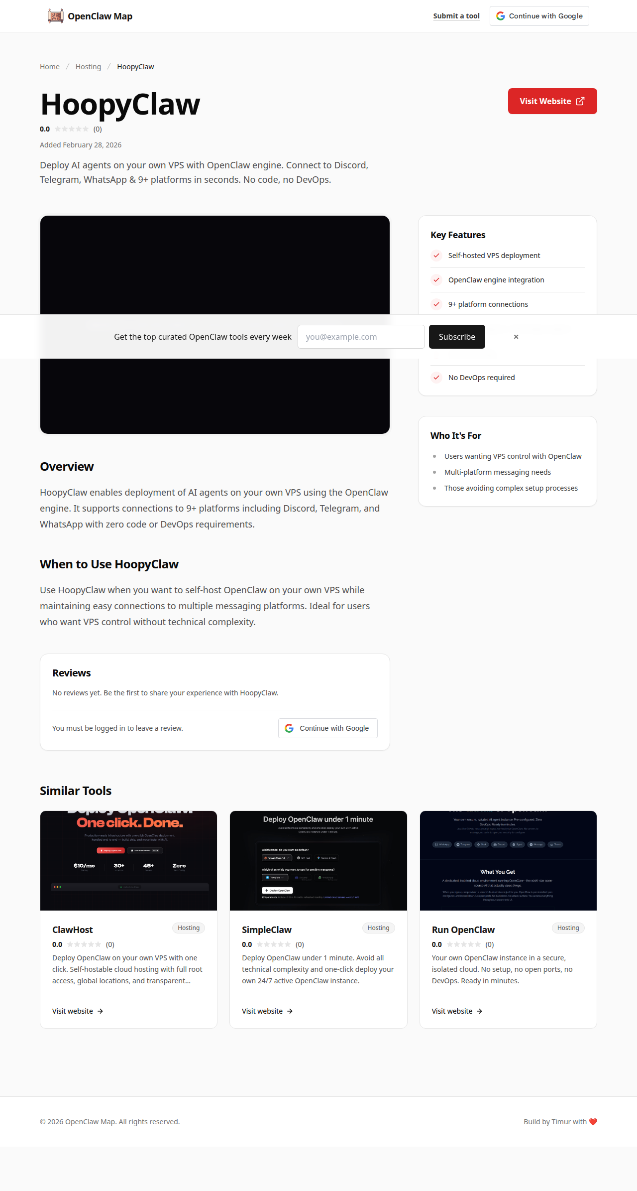 HoopyClaw Hosting tool screenshot — openclaw.ai