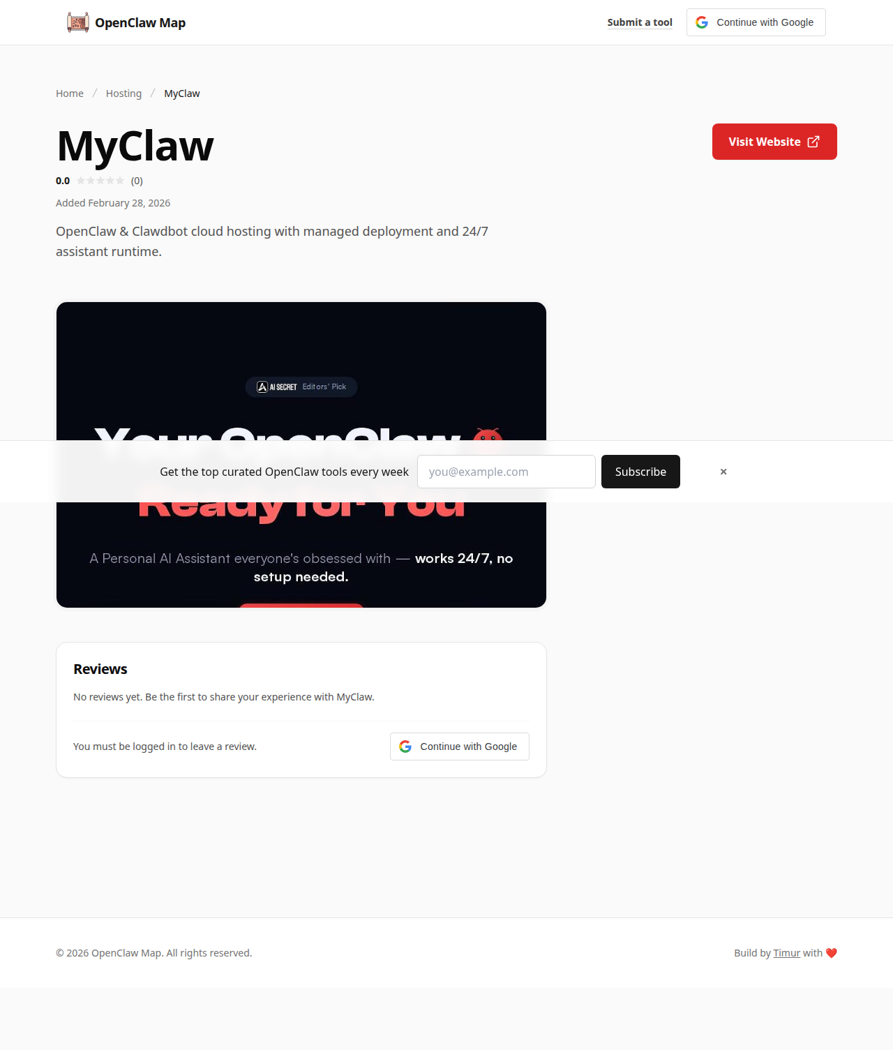 MyClaw Hosting tool screenshot — openclaw.ai