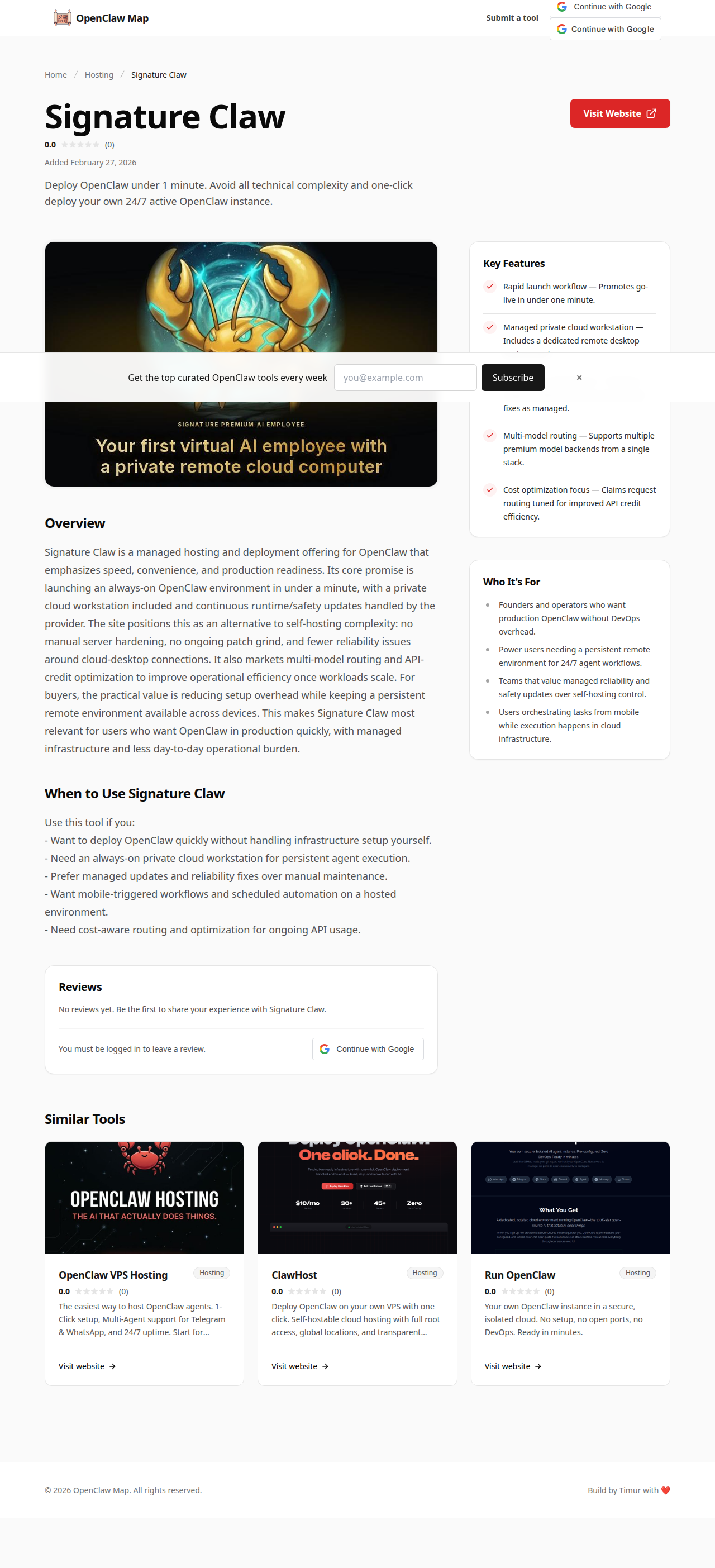 Signature Claw Hosting tool screenshot — openclaw.ai