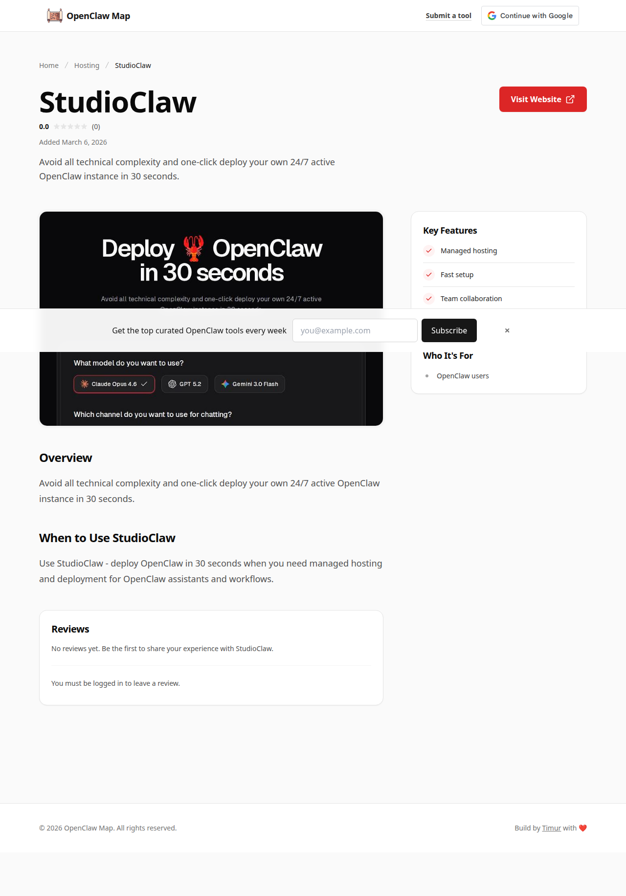 StudioClaw Hosting tool screenshot — openclaw.ai