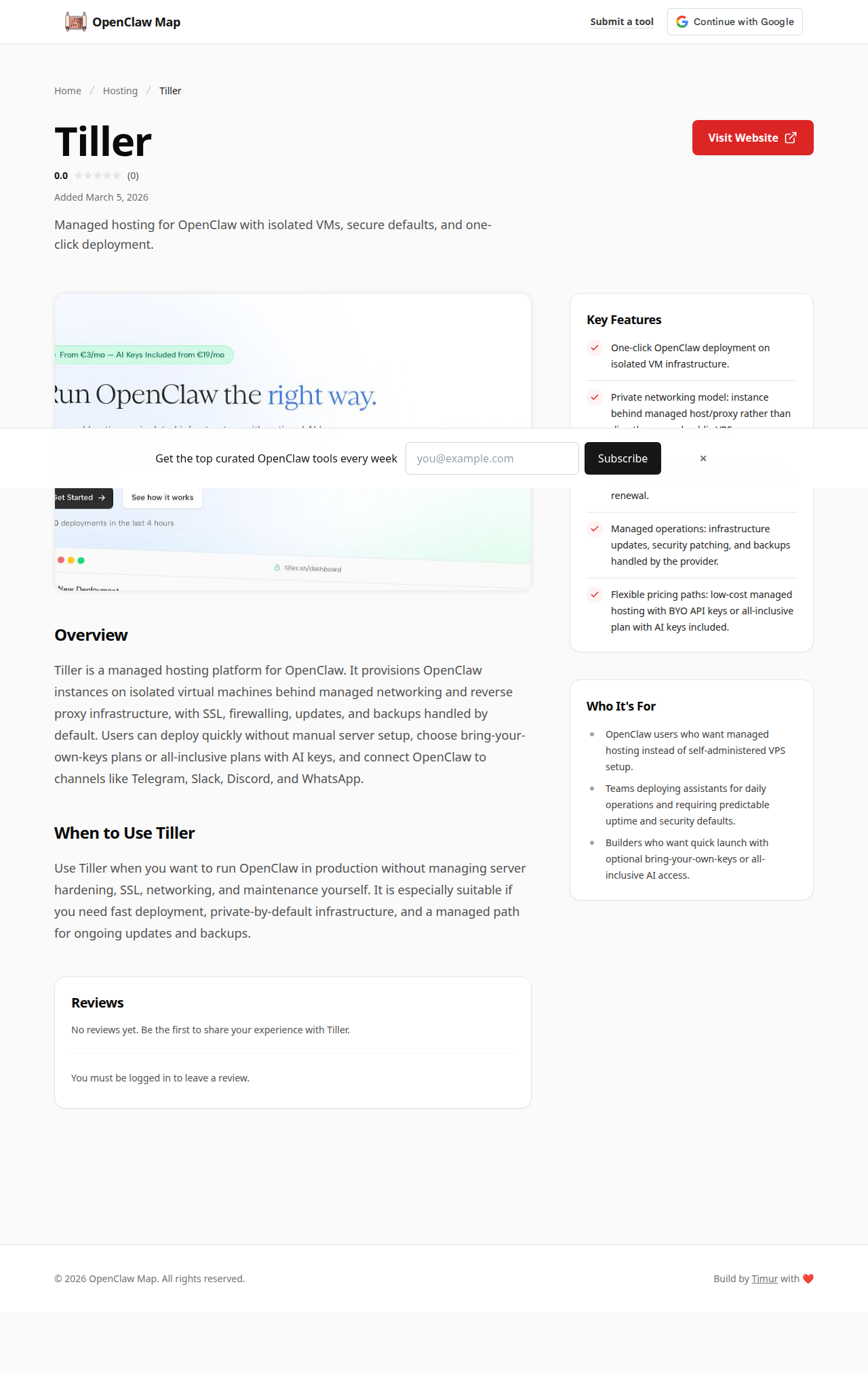 Tiller Hosting tool screenshot — openclaw.ai