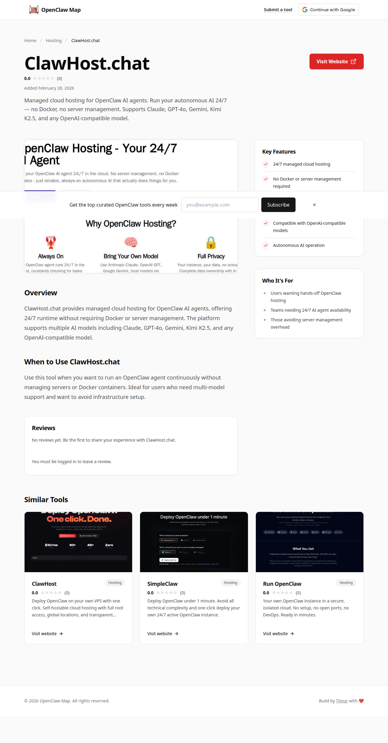 ClawHost.chat Hosting tool screenshot — openclaw.ai