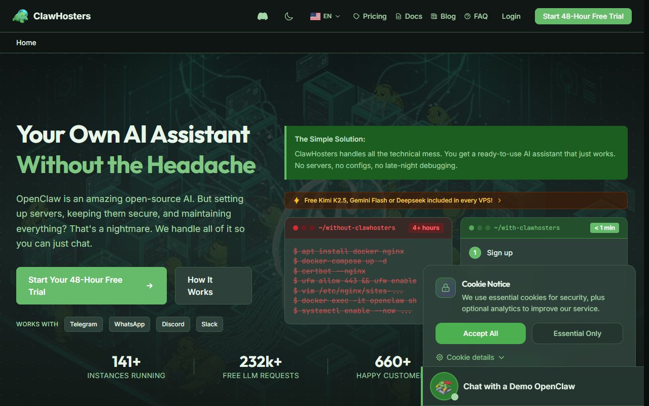 ClawHosters Hosting tool screenshot — openclaw.ai