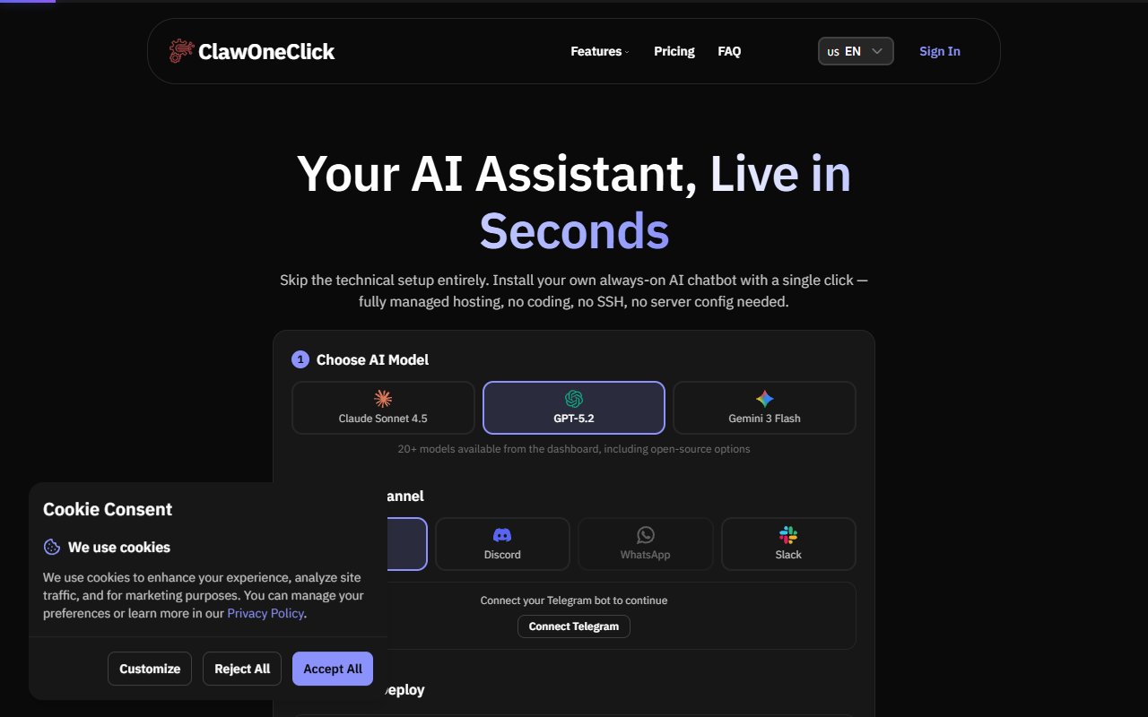 ClawOneClick Hosting tool screenshot — openclaw.ai