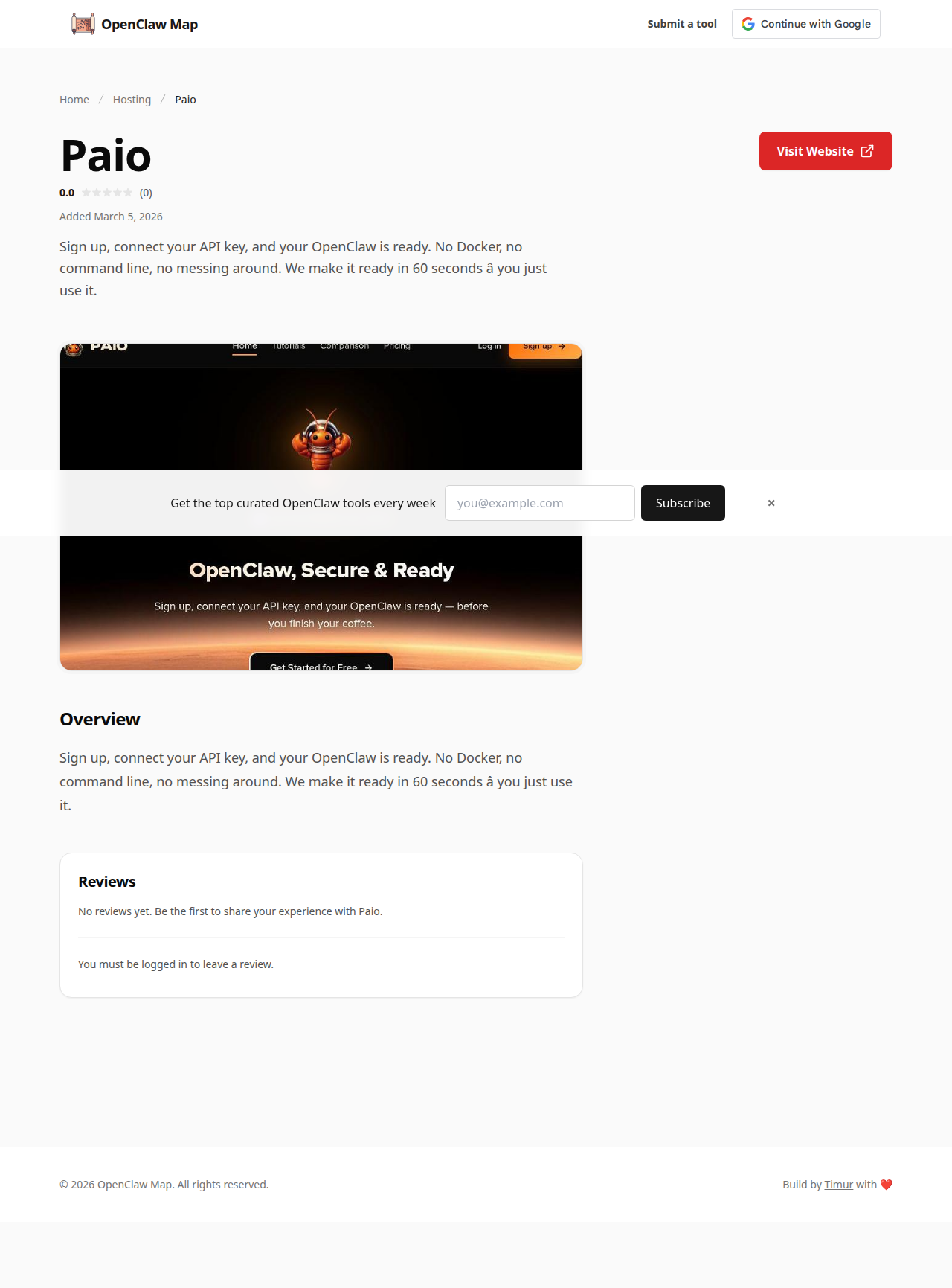 PAIO Hosting tool screenshot — openclaw.ai