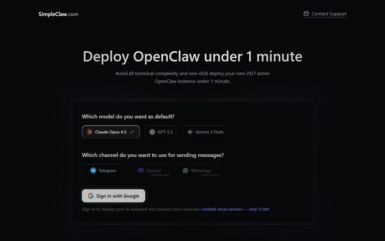 SimpleClaw Hosting tool screenshot — openclaw.ai